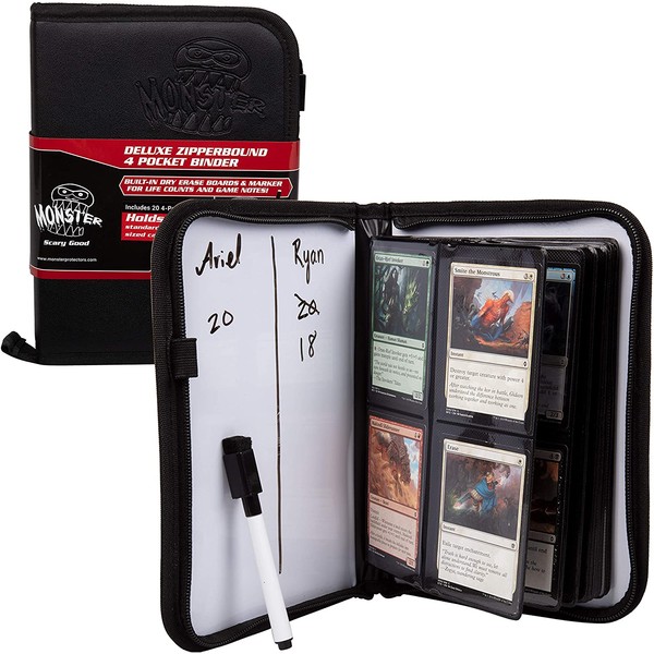 Monster Deluxe 4 Pocket Trading Card Leather Binder w Zipper Closure, 2 Built-in Dry Erase Boards and Marker - Large 10 Page, 160 Card Album for MTG, and Any TCG