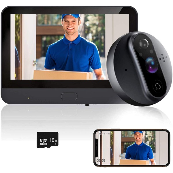 Video Peephole Camera, 4.3 Inch Video Doorbell Tuya Smart 1080P Wireless Door Viewer with Function of Remote Control, Taking Photos Automatically, Alarm, Night Vision 2.4GHz(with 16GB TF Card)
