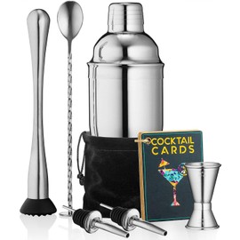 Cocktail Shaker Set, 8 Teiliges Cocktail Set Boston Shaker, Cocktailshaker Bar Zubehör Set, 2 Ausgießer, Muddler, Jigger, Rührlöffel, Samtbeutel, integriertes Sieb (Silber)