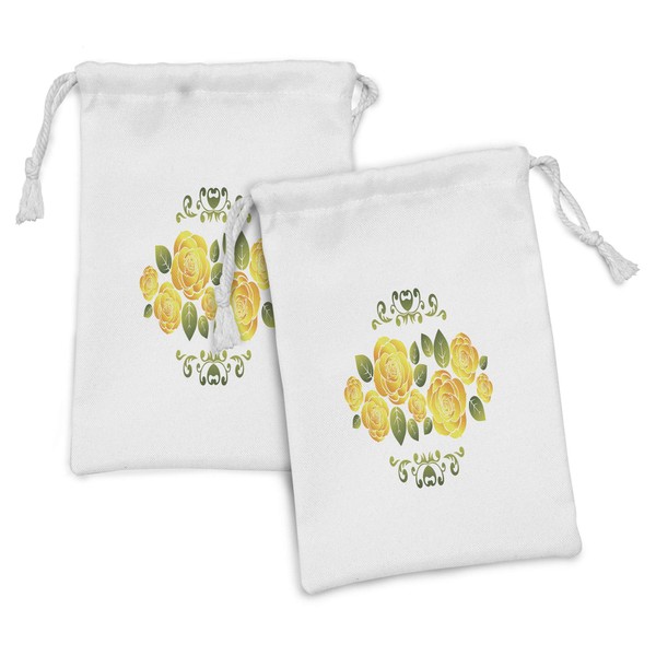 Ambesonne Yellow Fabric Pouch Set of 2, Floral Arrangement with