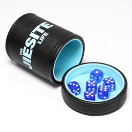 JIESITE Dice Cup Leather with Lid, Felt Lined Dice Shaker Cup, Includes 6 Dice , Quiet Shake for Liars Dice/ Farkle/ Yahtzee/ Tabletop Games (Blue)