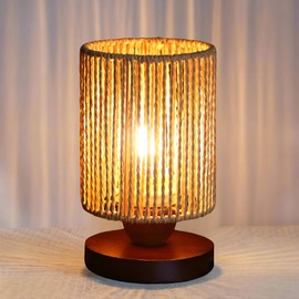 Rattan Table Lamp,Boho Small Beside Lamp,Mini Farmhouse Table Lamp for Room Decor,Vintage Wicker Wooden Nightstand Bamboo Woven End Table Lamps for Living Room Bedroom Desk Kids Room,LED Bulb Included