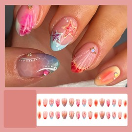 30Pcs Ocean Starfish Press on Nails Short Almond French Fake Nails Ombre Acrylic False Nails Press Ons with 3D Rhinestone Shell Ripples Designs Glossy Glue on Nails Nude Stick on Nails for Women