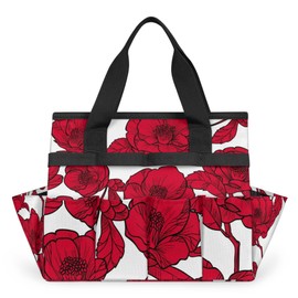 Aesthetic Flower Red White Garden Tool Bag Heavy Duty Oxford Gardening Tool Tote Bag Waterproof Garden Tool Storage Bag with Handle & 10 Pockets for Women Men Gardening Gifts