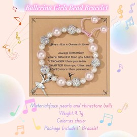 GAUEIOUR Ballerina Girls Bead Bracelet,Adjustable Braided Cord Jewellery Bracelet, Stretch Bead Bracelet, Pearl and Rhinestone Bracelet Girls Jewellery Gift