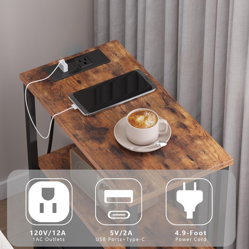 TUTOTAK Narrow Night Stand with Charging Station, Slim End Table