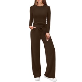 WIHOLL Workout Sets for Women 2 Piece Long Sleeve Travel Comfy Matching Sets Clothing Summer Airport Vacation Outfits for Seniors Active Fall Jogger Clothes Conjuntos De 2 Piezas Para Mujer Coffee M