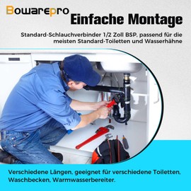 BOWAREPRO 1 x 150 cm flex hose fitting, stainless steel connection hose, G1/2 inch x G1/2 inch, reinforced hose, tap, shower braided flexible hose for tap, mixer tap