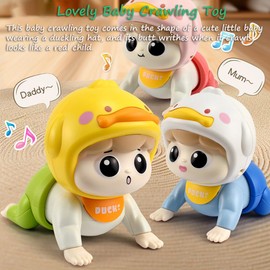 Miracland Baby Crawling Toy, Duck Crawling Baby Toy Crawling Doll Toy Funny Ducking Crawling Toy Baby Head-up Exercises Toy Tummy Time Toy with Music and Mum & Daddy Sound (White)