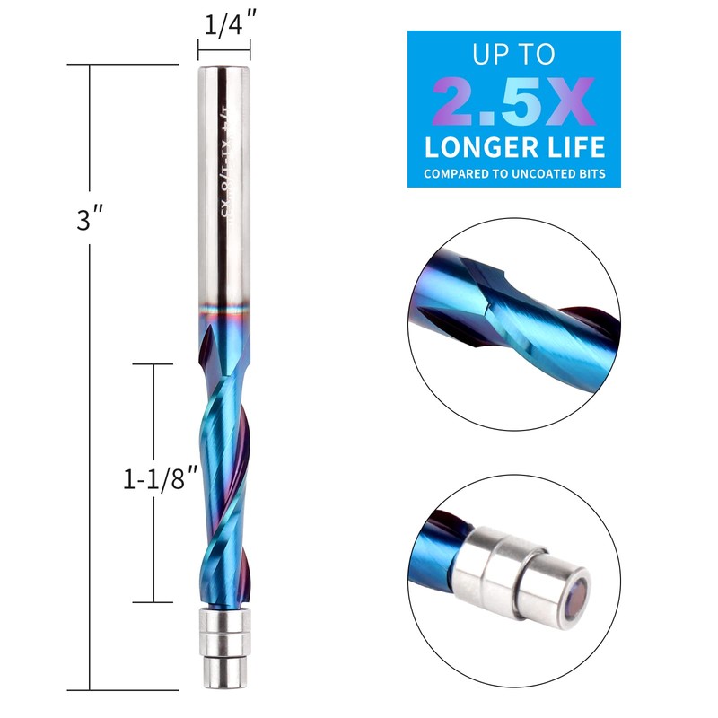 Upcut Spiral Flush Trim Router Bit, 1/4 Inch Shank Solid