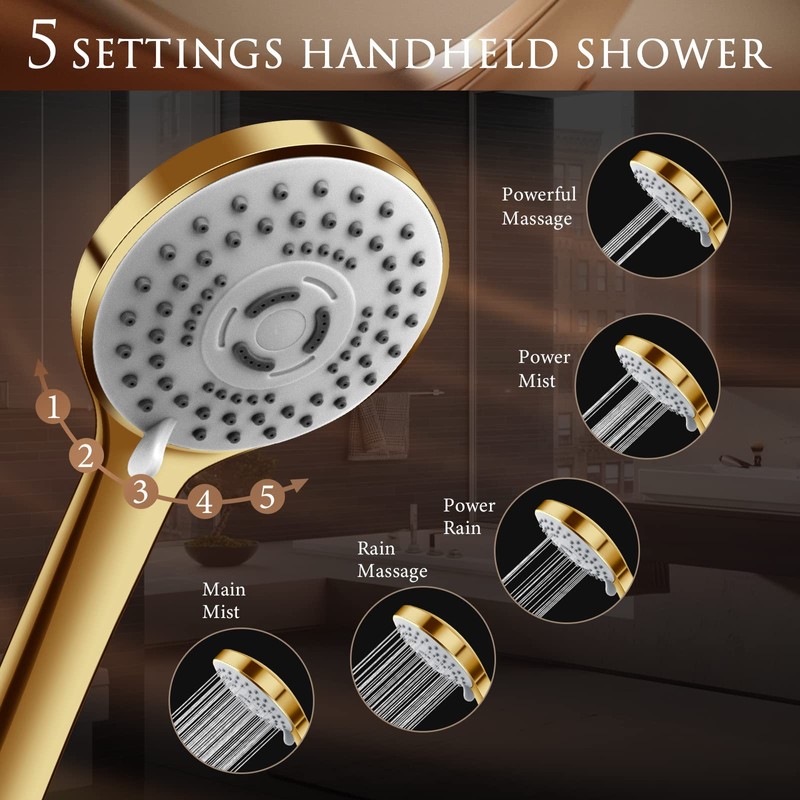 10" Gold Shower Head with Handheld, 5 Spray Handheld with