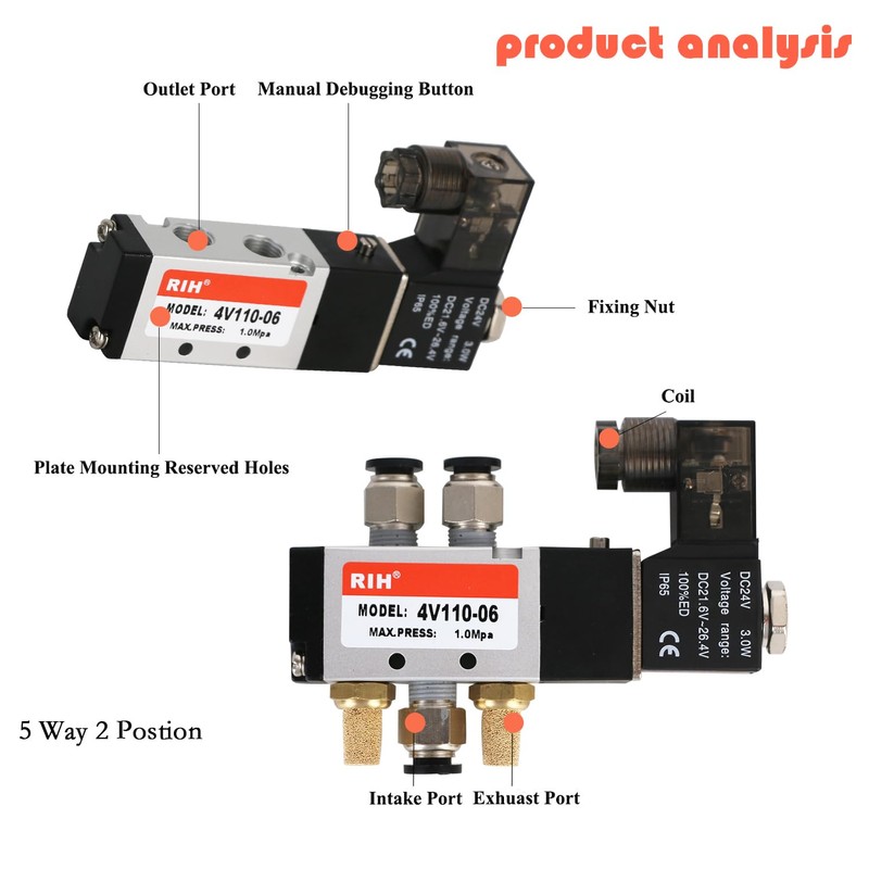 RIH Pneumatics Solenoid Valve 4V110-06 12V/24V/110V Series Single Coil Pilot-Operated