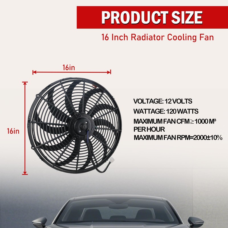 PRUNkuar 16 inch Electric Radiator Cooling Fan 12V with 1000