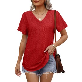 OFEEFAN T Shirts for Women V Neck Short Sleeve Loose Fit Tops Trendy Curved Hem Tunic Tops Going Out Outfits for Women Work Clothes 2025 Summer Red M