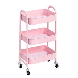 AGTEK Makeup Cart, Movable Rolling Organizer Cart, 3 Tier Metal Utility Cart Pink
