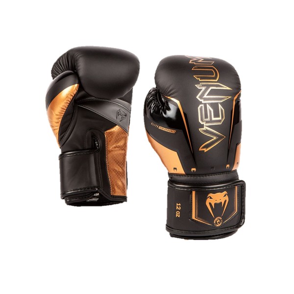 VENUM Boxing Gloves ELITE EVO BOXING GLOVES // Sparring Gloves Boxing Kickboxing Fitness (12oz, Black x Bronze)