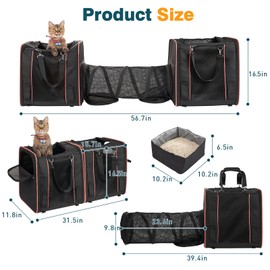 Double Cat Carrier for 2 Large Cats with Litter Boxes, 3-in-1 Portable Cat Travel Carrier Pet Travel Carrier for Cats Small Dogs Soft Collapsible Carrier for Long Traveling