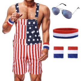 American Flag Overalls Shorts for Men Women 4th of July Patriotic Bib Denim Jumpsuit Adjustable Straps Headband Wristband (Unisex Coveralls) (US, Alpha, X-Large, Regular, Regular, Red White and Blue)