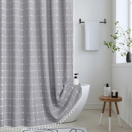 Yuanice 84 Inches Extra Long Shower Curtain, Gray Boho Farmhouse Fabric Shower Curtain Set with Tassels, Bohemian Chic Linen Rustic Waffle Weave Textured Shower Curtain for Bathroom, 72x84 Inches