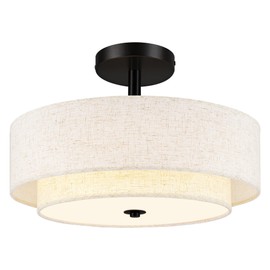 AUTELO Black Semi Flush Mount Ceiling Light, 3-Light 18" Flush Mount Ceiling Light in Black Finish with Drum Fabric Shade for Hallway Bedroom Kitchen, C2506 BK-18