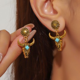 Western Cow Turquoise Earrings Vintage Gold/Silver Western Country Jewelry Rodeo Outfits for Women Country Concert Outfits for Women