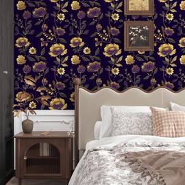 BOKEBEVE Dark Blue Gold Floral Wallpaper Peel and Stick Vintage Floral Contact Paper Renter Friendly Wall Paper for Shelf Liner Backsplash Cabinet Removable 17.5 x 118In