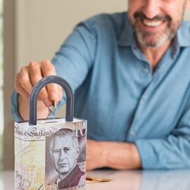 PADLOCK HANDLED REUSEABLE MONEY TIN -26.5cm HIGH Large Piggy Bank, Coin Tin, Cash, Saving Tin, Money Box, Birthday Money, Holiday & Christmas Fund (Handled £10)