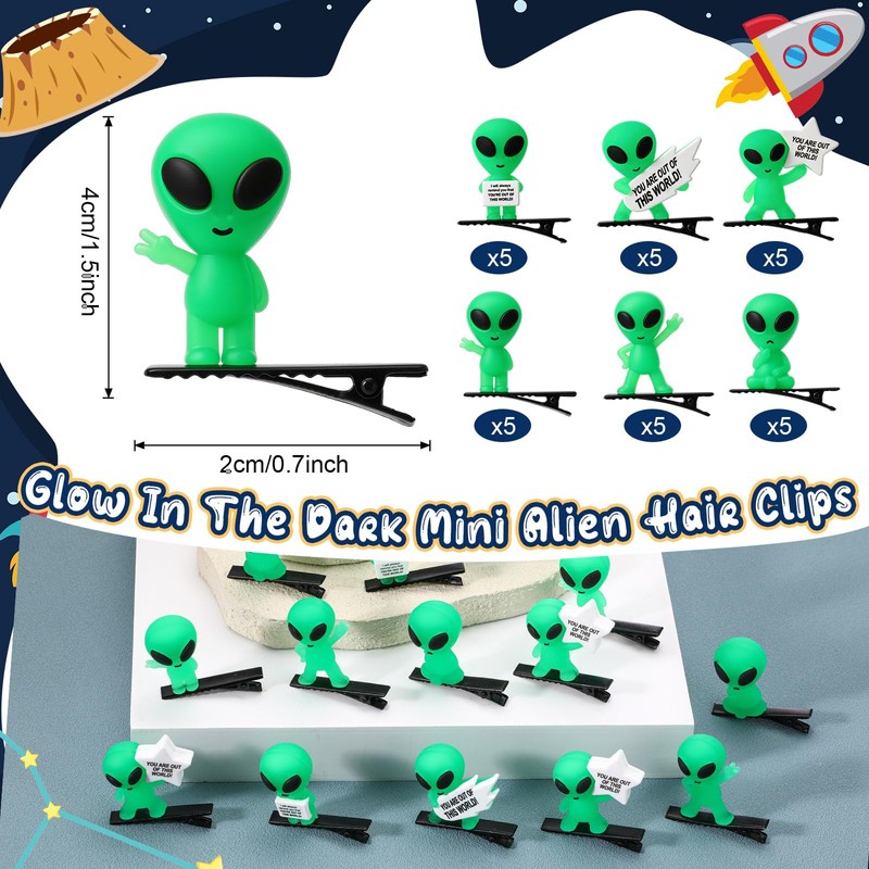 60 Pcs Alien Hair Clips Glow in Dark Rave,Mixed Styles,Green