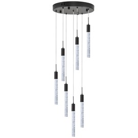 Upfelw Modern High Ceiling Crystal Chandelier 7-Lights, Large Spiral LED Raindrop Foyer Pendant Lighting, Bubble Staircase Living Room Hanging Light Fixture Flush Mount Black Remote Control