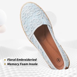 BABUDOG Women's Black Flats with Flower Embroideried,White Lace Ballet Flats,Comfortable Dress Flats(Light Blue.US9)