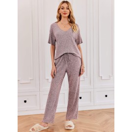 Ekouaer Matching Lounge Sets for Women Pajama Set Short Sleeve Outfits Comfy Loungewear Set Soft Pj Sets for Women Light Purple S