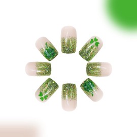 Press on Nails St.Patrick's Day Square Short Fake Nails Green Shamrock Glitter Powder Gradient French False Nails Tip with Lucky Clover Design Full Cover Glossy Glue on Acrylic Nails of Women（24PCS）