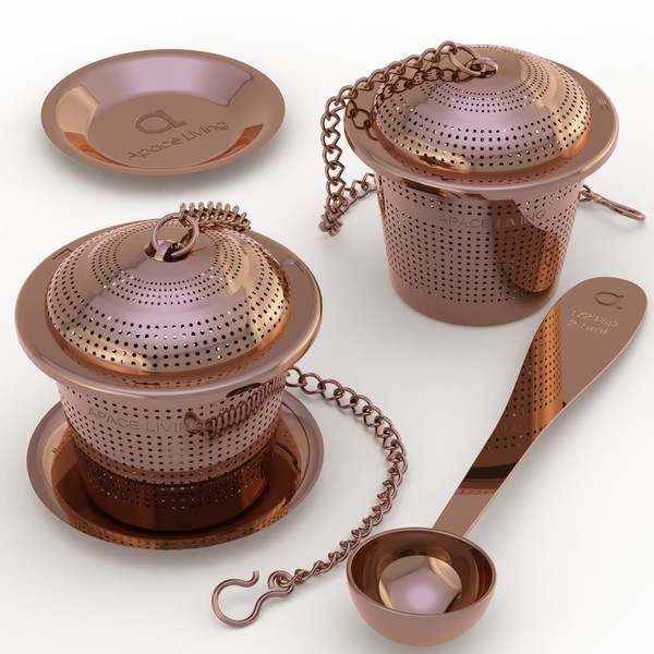 Apace Loose Leaf Tea Infuser (Set of 2) with Tea Scoop and Drip Tray - Ultra Fine Stainless Steel Strainer & Steeper (Rose Gold, Medium)