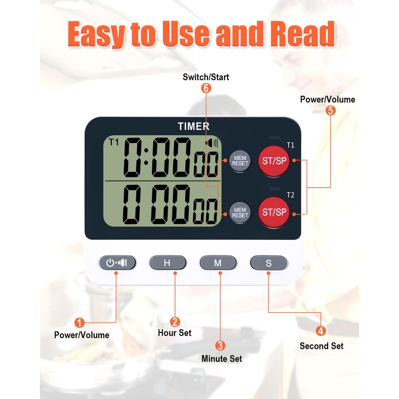 TPNEG Dual Kitchen Timer Digital - Large Display, Easy to