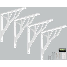 Rustic Tree Shelf L Brackets by Balin Designs (White) for 6 inch - 8 Inch Shelves - Heavy-Duty Decorative Metal Mantel Bracket Supports - Easy Installation with Included Hardware - Set of 4