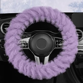 HighnessHwoo Fuzzy Winter Steering Wheel Cover for Women, Warm Cute Fluffy Car Wheel Cover for Sedan, SUV, Soft Furry Girly Auto Accessories, Plush Car Handle Cover for Cold Weather, 14-15in, Purple
