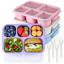 MaMix Bento Box Adult Lunch Box, 5 Compartment Bento Box for Adults 4 Pack, Reusable Stackable Snack Containers for Kids Adults with Utensils, for School, Work, and Travel (Wheat)