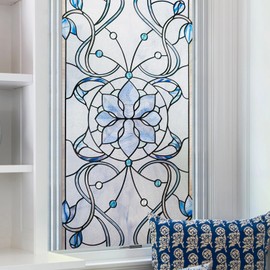OHTMERU 3D Stained Glass Window Privacy Film, Heat Control UV Blocking Static Cling Decorative Window Film for Bathroom,Front Door,Home Non Adhesive,23.6 x 35.4 inches Azure Bloom
