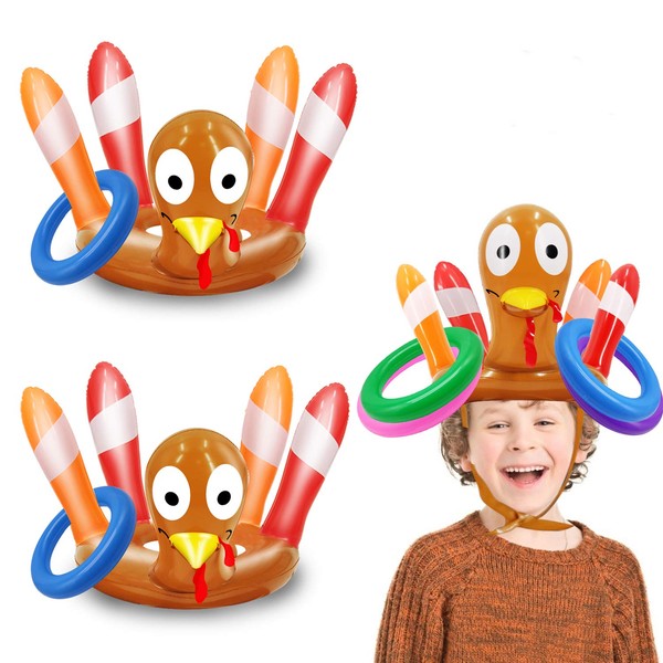 2 Pack Thanksgiving Ring Toss Games Toys for Kids Thanksgiving Inflatable Turkey Hats Toss Games Thanksgiving Family School Party Favors Decor Indoor Outdoor Party Game(2 Turkey Hats, 8 Rings)