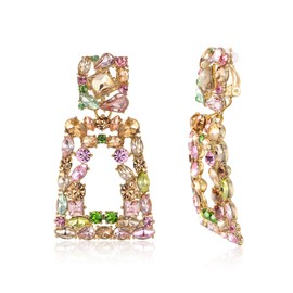Flyonce Rectangle Clip-on Drop Earrings for Women, Sparkly Rhinestone Crystal Geometric Statement Non Pierced Earring Valentine Pink
