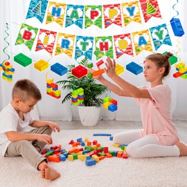 Building Blocks Birthday Party Decoration, 7 Pieces Building Block Party Decoration Set, Building Block Birthday Banner Building Blocks Party Hanging Swirls
