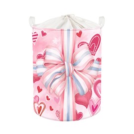 Clastyle Ribbon Bow Baby Gift Box Basket Heart Kid Storage Basket Girl Laundry Hamper Collapsible Clothes Organizer Nursery Bin for Bedroom, Pink, 36 * 45 cm