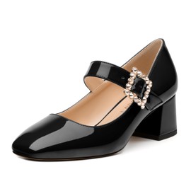 GUAVAIVY Women's Pumps, Square Toe Rhinestones Buckle Low Heels, Fashion Backstrap Pumps for Wedding Working Party Black Patent Size 7.5