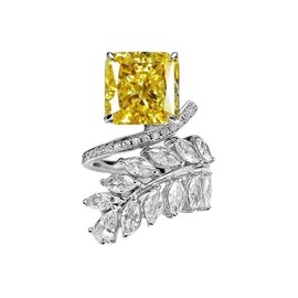IMINI Yellow Diamond Feather Wrap Open Ring for Women Girls Rhinestone CZ Climber Finger Band Luxury Statement Rings Expandable Engagement Promise Rings Elegant Jewelry Gifts for Mother's Day