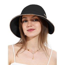 Women Sun Bucket Hat Ponytail Hole with Bow Tie Waterproof Ultra Wide Brim Beach Hat UV Protection UPF 50+(One Size,Black)