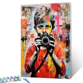 Banksy DIY Oil Painting Paint by Numbers Kits 16 x 20in A Boy Hold a Camera Street Pop Art Canvas Oil Painting Best Gift for Kids Students Adults Beginner with Brushes and Acrylic Pigment (Frameless)