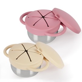 Casremee 2 Pack 304 Stainless Steel Snack Cups for Toddlers, Toddler Snack Containers with Spill-Proof Silicone Travel Lid & Handle, Dishwasher Safe, Removable Snack Cup for Baby, Toddler, Kids