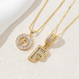 Alphabet Pendant Full Diamond Rock Candy 26 Letters Necklace for Women Copper Inlaid Zircon Plated Real Gold Round Flower Alphabet Set cadena mujer:_F_Gold