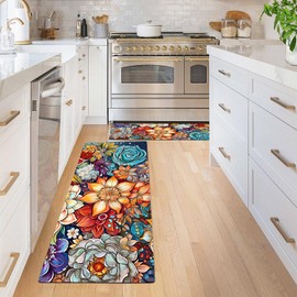 Boho Floral Kitchen Rugs Mats for Floor 2 Piece,Kitchen Mats Cushioned Anti Fatigue,Washable Non Slip Soft Kitchen Area Rug Floor Mat for Kitchen Hallway 20x28+20x47Inch (Floral, 20"x28"+20"x47")
