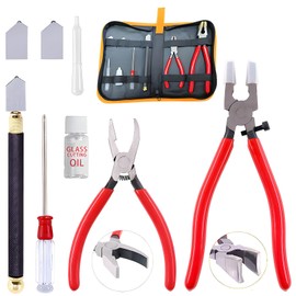 Glass Cutting Tool Set Kit, Glass Nipper Glass Running Plier Breaking Plier Oil Feed Glass Cutter Set with Leather Zipper Bag for Stained Glass, Tiles, Mosaic, Mirrors,Bottle, Fusing, Breaking (A KIT)